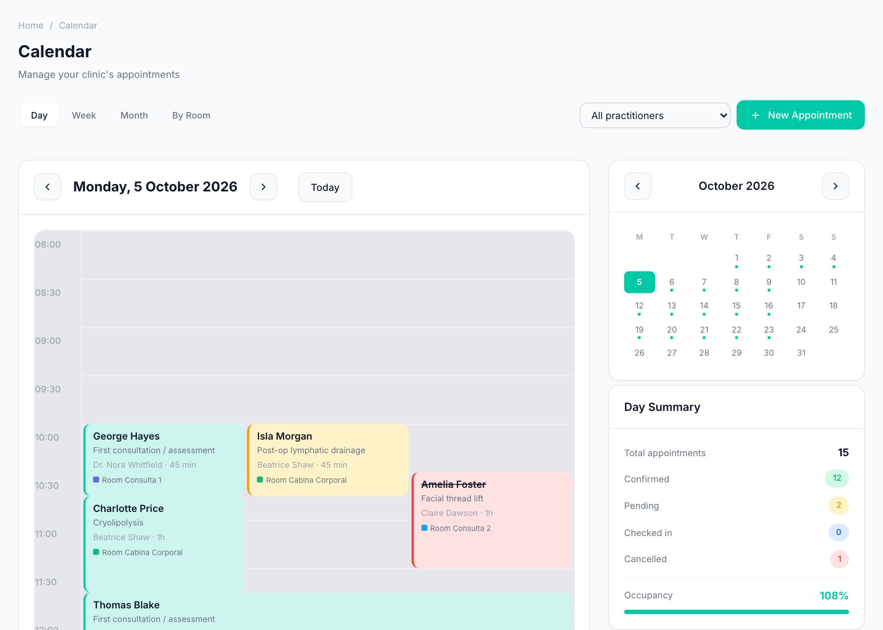 Scheduling and theatres in CirugiaNexa: Schedules by practitioner and by room, with no double-booking